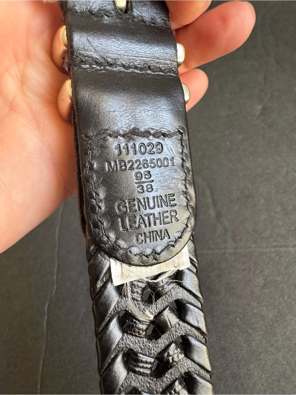 Vintage Black Woven Leather Belt Braided Silver Tone Buckle Unisex Mens 38